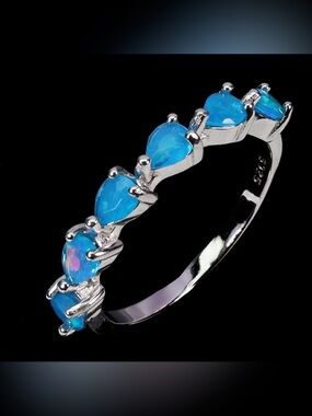 Stunning Natural Blue Fire Opal 1.25CT Pear cut 925 Sterling Silver Ring Sz 8